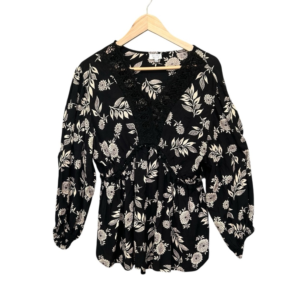 Eclipse Black White Floral Crochet Lace Puffy Sleeve Blouse Size XL